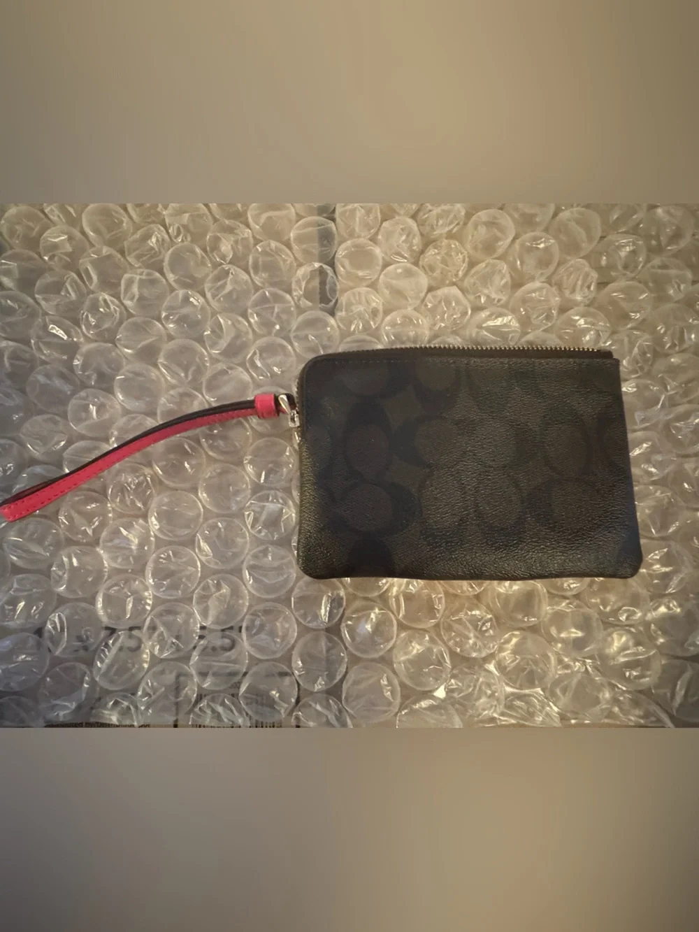 Coach Black Signature Wristlet with Pink Leather Accent